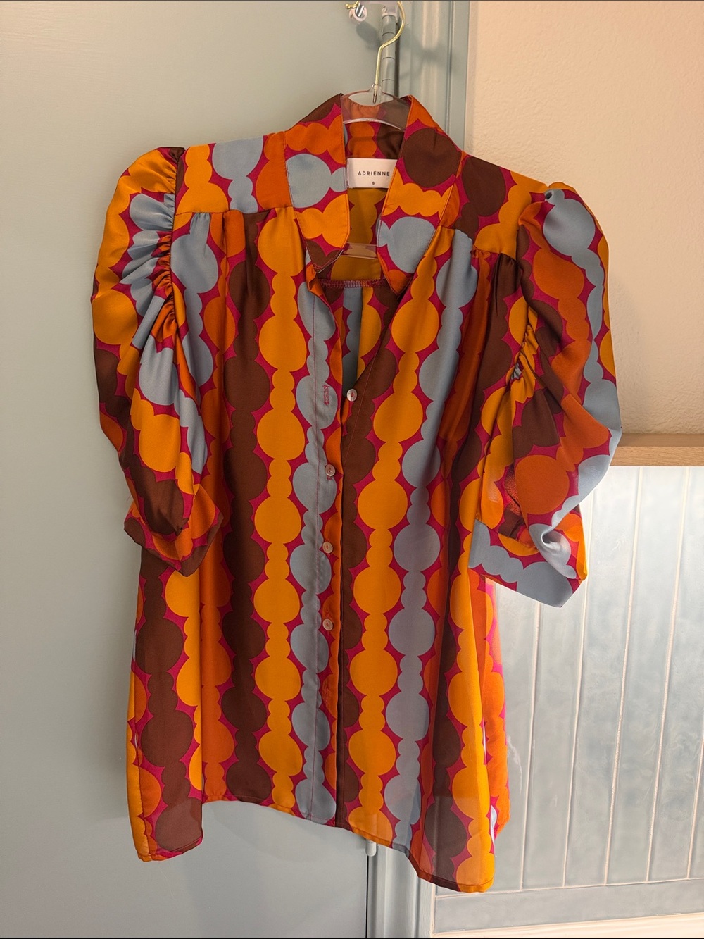 Adrienne Multicolor Geometric Puff-Sleeve Blouse - Orange/Blue/Brown/Pink